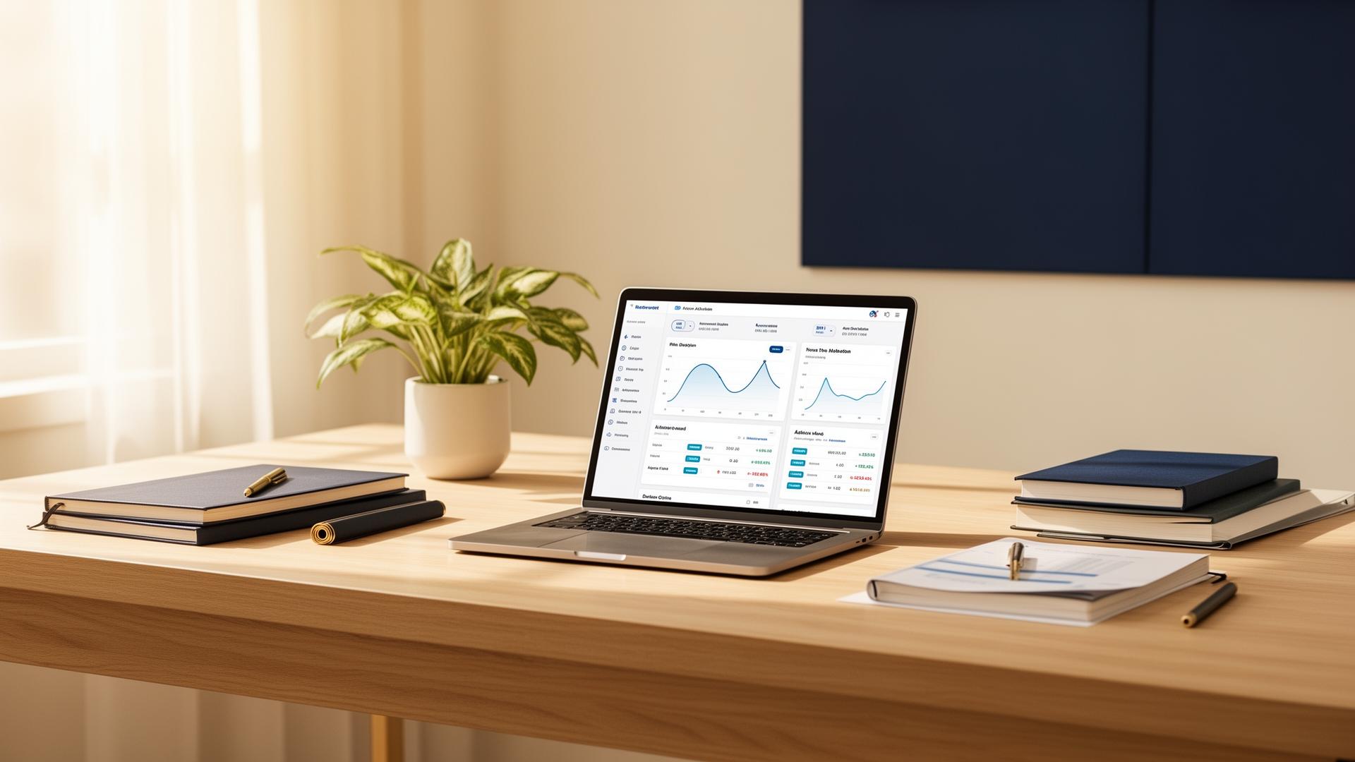A modern advisory workspace with a financial dashboard and organized notebooks